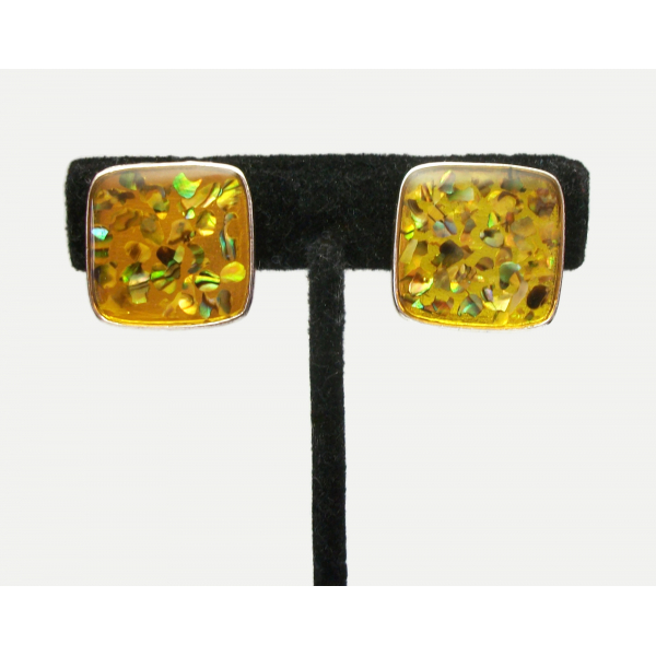 Vintage yellow lucite abalone confetti clip on earrings