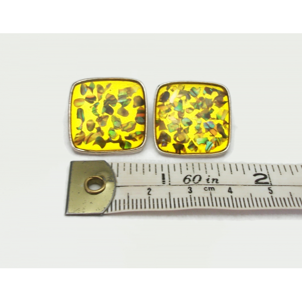 Vintage yellow lucite abalone confetti clip on earrings