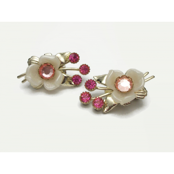 Vintage White Celluloid Pink Rhinestone Flower Clip on Earrings 1950s 50s