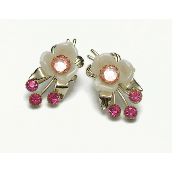 Vintage White Celluloid Pink Rhinestone Flower Clip on Earrings Pink and White