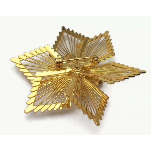 Vintage Monet Gold Wire Poinsettia Brooch with Rhinestone Accents Gold Wire