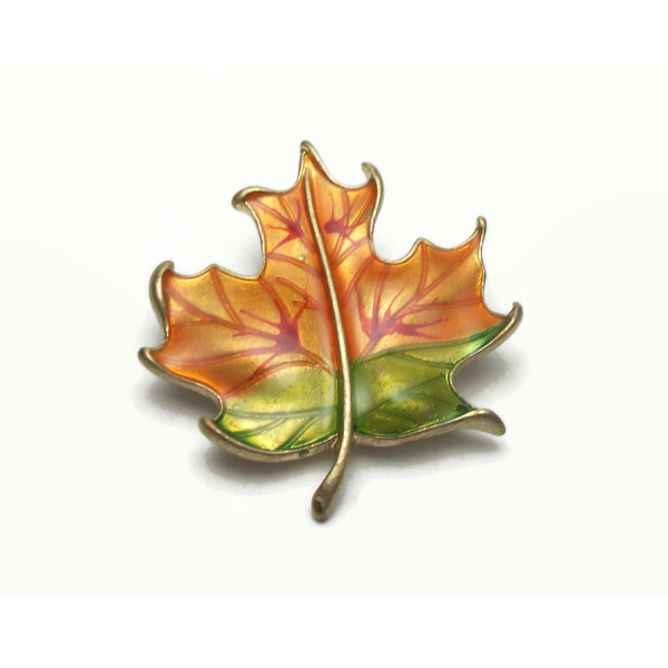 Vintage Autumn Leaf Brooch Orange and Green Enamel Fall Leaf Lapel Pin