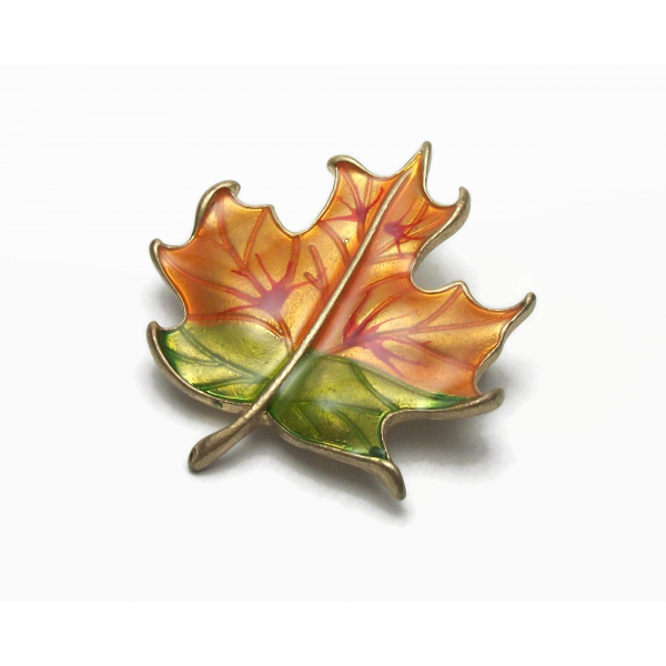 Vintage Autumn Leaf Brooch Orange and Green Enamel Fall Leaf Lapel Pin