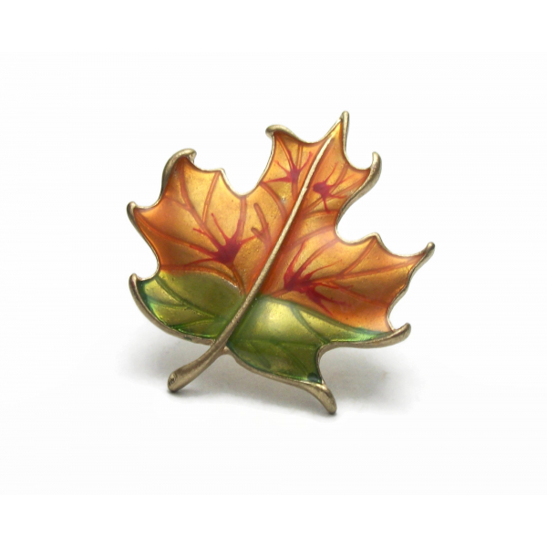 Vintage Autumn Leaf Brooch Orange and Green Enamel Fall Leaf Lapel Pin
