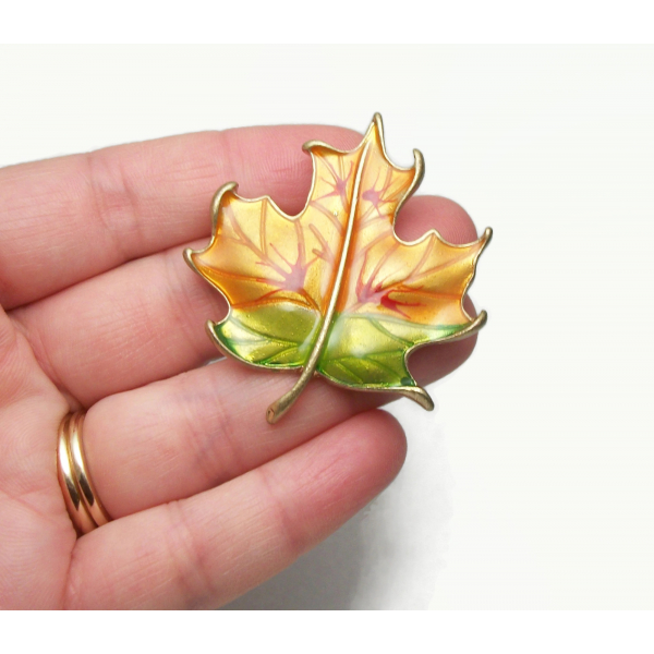 Vintage Autumn Leaf Brooch Orange and Green Enamel Fall Leaf Lapel Pin