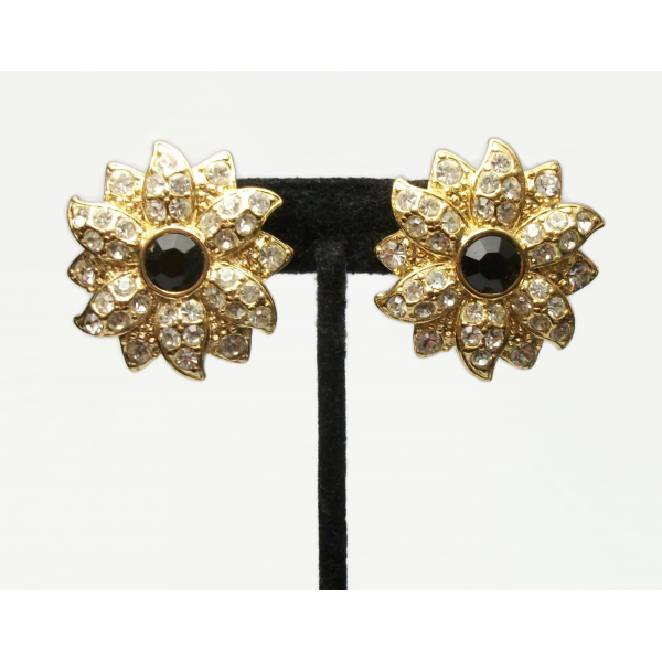 Vintage Big Pave Rhinestone Flower Clip on Earrings