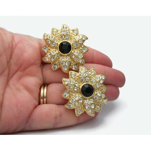 Big pave rhinestone floral wedding clip on earrings