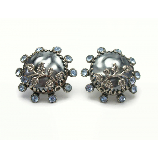 Vintage 1950s Signed Selro Blue Rhinestone Clip on Earrings Large 1 1/2 inch
