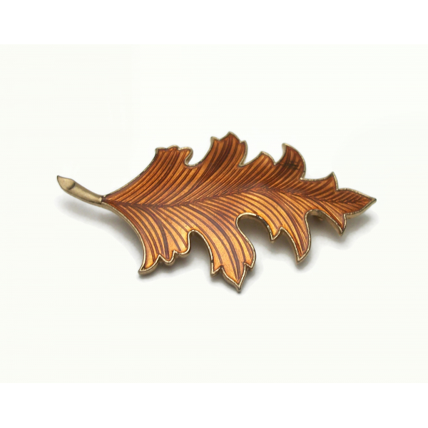 Vintage Guilloche Enamel Pin Oak Leaf Brooch Orange Brown Fall Autumn Leaf Pin