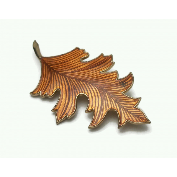 Vintage Guilloche Enamel Pin Oak Leaf Brooch Orange Brown Fall Autumn Leaf Pin