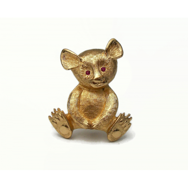 Vintage Napier Teddy Bear Brooch Gold with Pink Rhinestone Eyes Koala Bear Pin