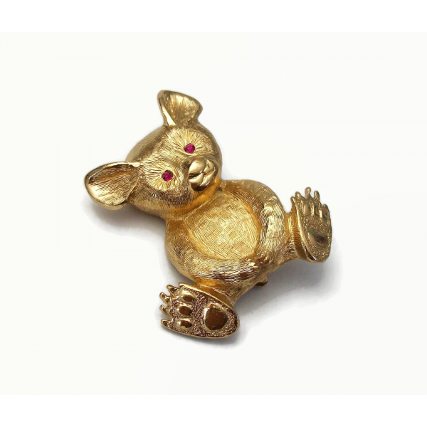 Vintage Napier Teddy Bear Brooch Gold with Pink Rhinestone Eyes Brushed Gold Pin