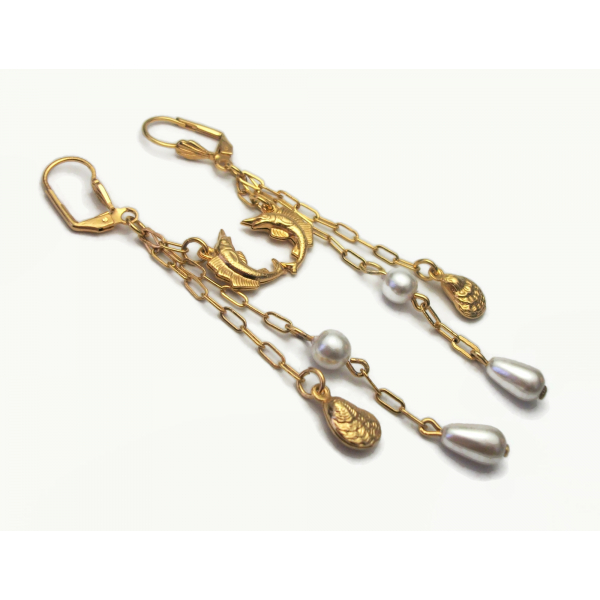 Vintage Sailfish and Oyster Shell Pearl Dangle Earrings Long 3 1/2 inch