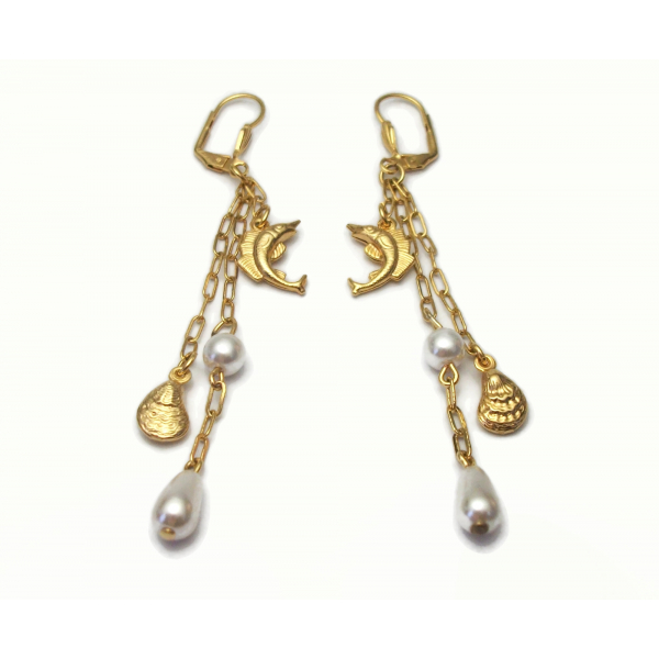 Vintage Sailfish and Oyster Shell Pearl Drop Earrings Long 3 1/2 inch Gold