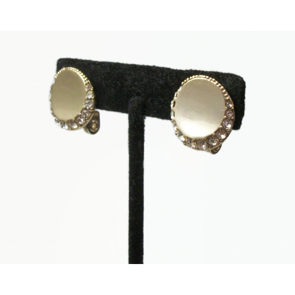 Vintage Monet Reflective Round Gold Clip on Earrings with Clear Crystals Round