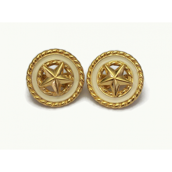 Vintage Monet White and Gold Star Motif Enamel Clip on Earrings Round Cream