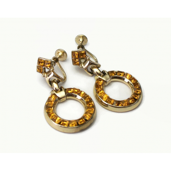 Vintage Topaz Colored Crystal Rhinestone Hoop Drop Clip Earrings