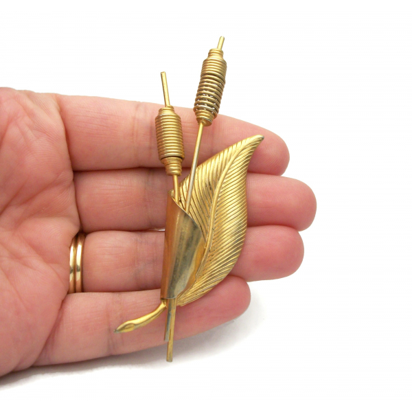 Vintage Gold Cattails and Leaf Brooch Long 3 3/8 inch Nature Lapel Pin