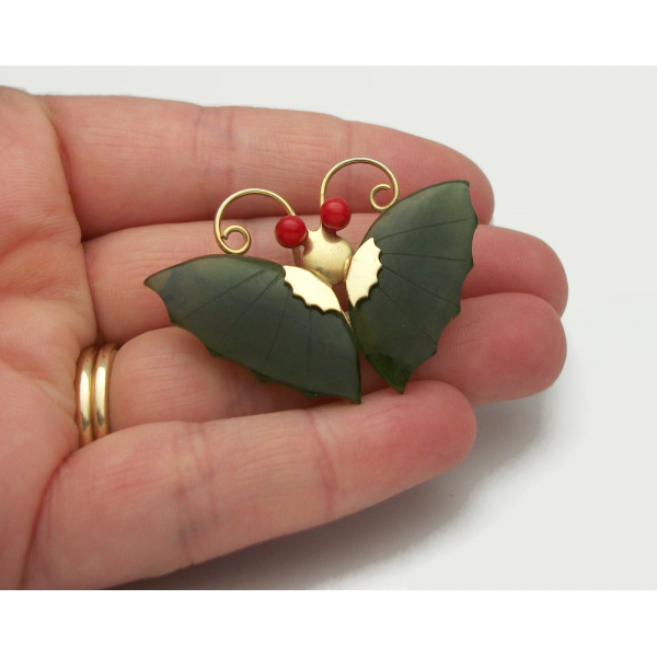 Vintage Carved Green Jade Colored Stone Butterfly Brooch Lapel Pin Pendant