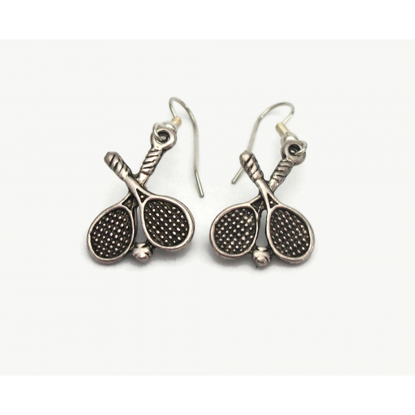 Vintage Tennis Racket Racquet Dangle Earrings Silver Tennis Player Jewelry