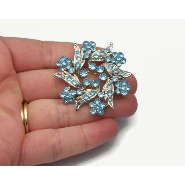 Vintage Silver and Blue Rhinestone Floral Wreath Brooch Pin March Birthstone