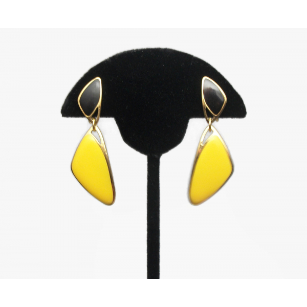 Yellow and Black Enamel Clip on Earrings Geometric Triangle Dangle Drop Earrings