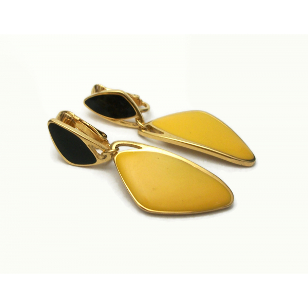 Yellow and Black Enamel Clip on Earrings Geometric Triangle Dangle Drop Earrings