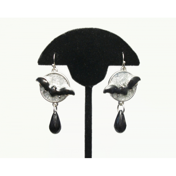 Halloween Bat Earrings Black and Sparkly Silver Enamel Flying Bat Dangle Earring