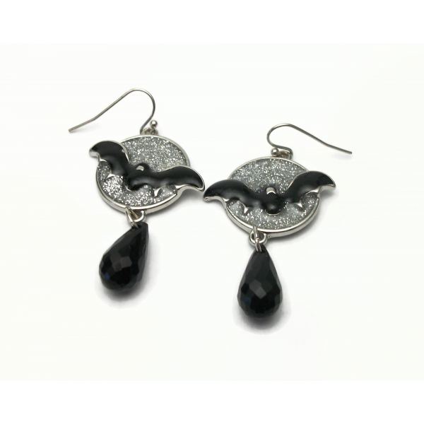 Halloween Bat Dangle Earrings Black Sparkly Silver Enamel Flying Bat & Full Moon