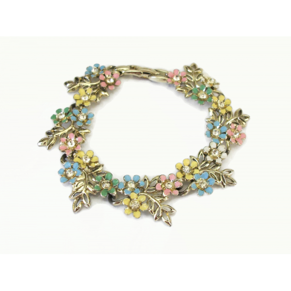 Vintage Pastel Enamel Flower Bracelet with Rhinestone Accents Gold Leaves 7 inch