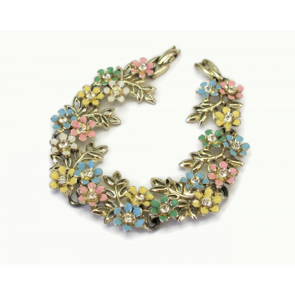 Vintage Pastel Enamel Flower Bracelet with Rhinestone Accents Gold Leaves 7 inch
