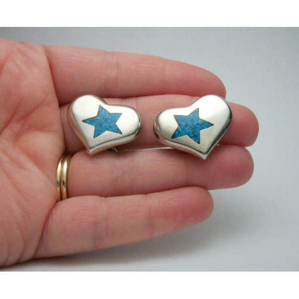 Vintage Trifari Silver Heart Earrings with Turquoise Star Inlay Clip on Earrings