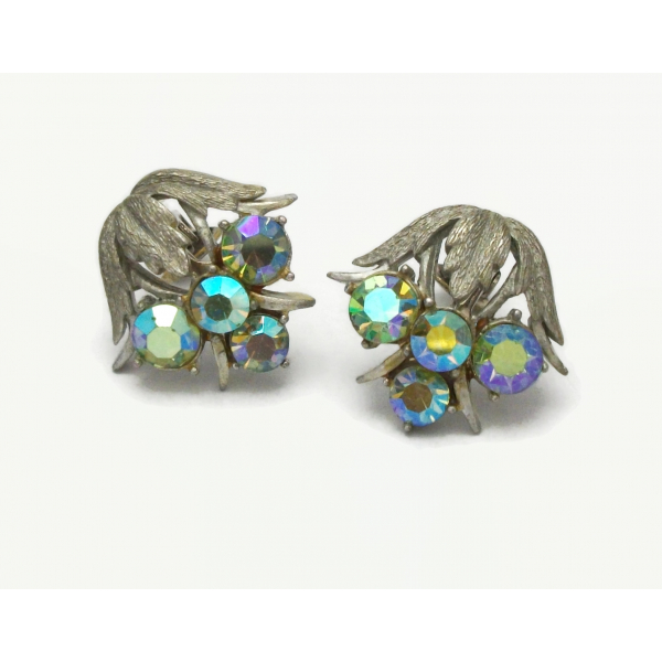 Vintage Signed Coro Textured Silver and Green AB Crystal Floral Clip on Earrings