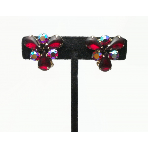 Vintage Signed Weiss Deep Red AB Crystals Clip on Earrings with Red Teardrops