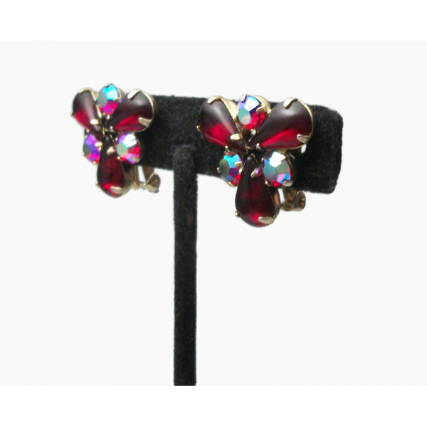 Vintage Signed Weiss Earring Red and AB Crystals Clip on Earrings Formal Jewelry