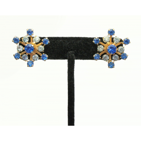 Vintage Coro Blue Rhinestone Screw Back Clip on Earrings Gold Floral Starburst