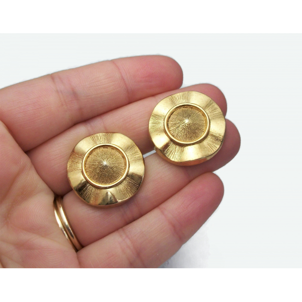 Signed Crown Trifari Gold Clip on Earrings Wavy Round Textured Gold Jewelry