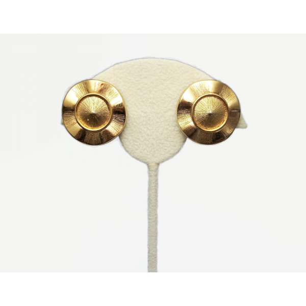 Vintage Crown Trifari Gold Clip on Earrings Wavy Round Textured Gold Signed