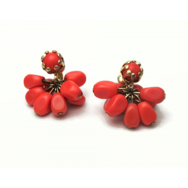 Vintage Coral Orange Bead Cluster Clip on Earrings Kinetic Jewelry