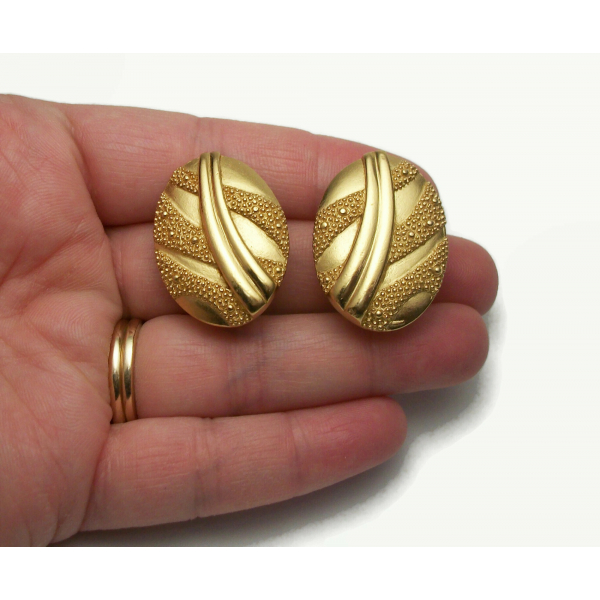 Vintage Monet Clip on Earrings Textured Gold Oval