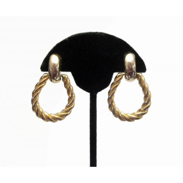 Vintage Gold Hoop Doorknocker Clip on Earrings Rope Twist Hoop Earrings