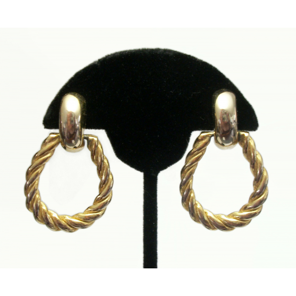 Vintage Gold Hoop Doorknocker Clip on Earrings Rope Twist Hoop Earrings