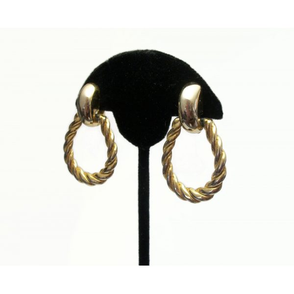 Vintage Gold Hoop Doorknocker Clip on Earrings Rope Twist Hoop Earrings