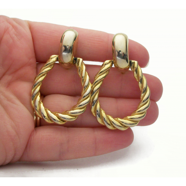 Vintage Gold Hoop Doorknocker Clip on Earrings Rope Twist Hoop Earrings