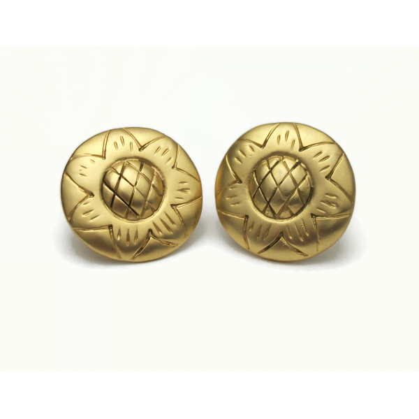 Vintage Gold Floral Sunflower Clip on Earrings 1" Diameter Round Flower Earrings