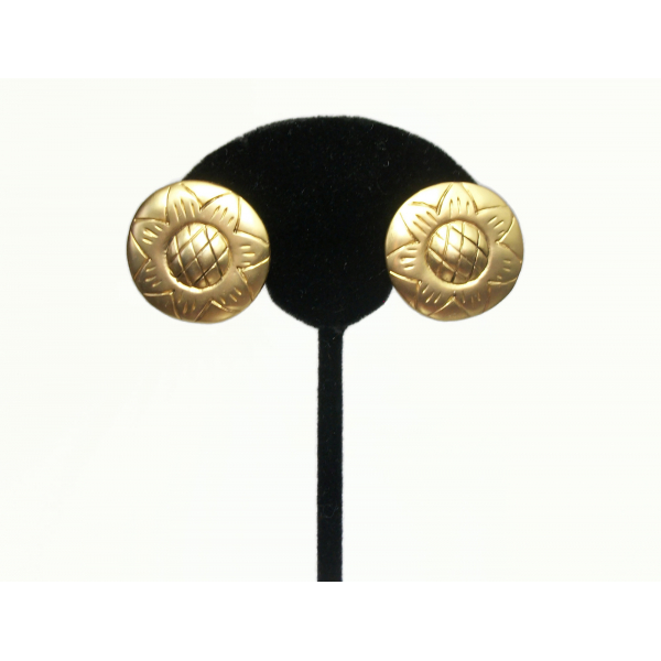Vintage Gold Sunflower Clip on Earrings 1in Diameter Round Floral Earrings