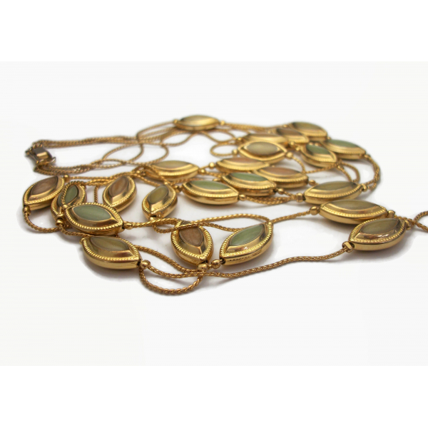 Vintage Multi Strand Gold Necklace with Olive Taupe Enamel Beads