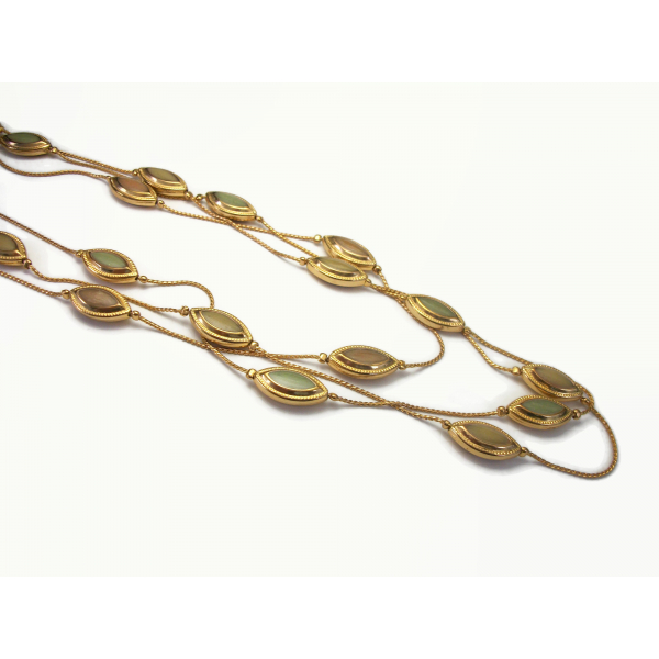 Vintage Triple Strand Long Gold Chain Necklace with Olive Taupe Enamel Beads