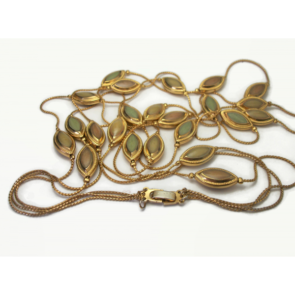 Vintage Three Strand Long Gold Necklace with Olive Taupe Enamel Beads