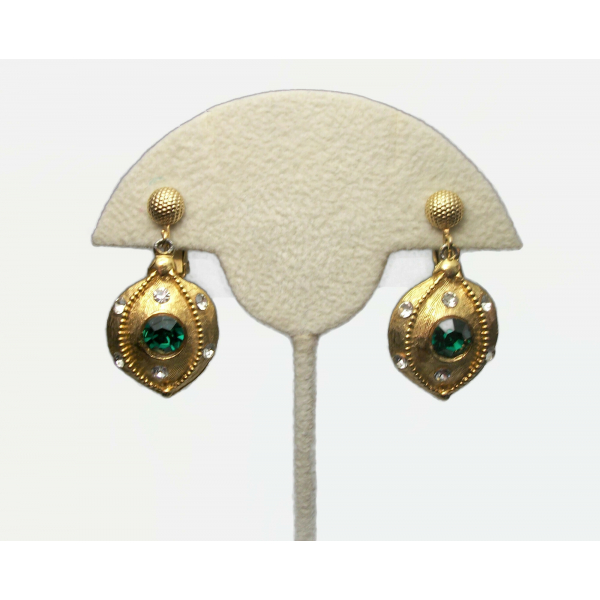 Emerald Green Crystal Rhinestone Gold Dangle Clip on Earrings Wedding Earrings